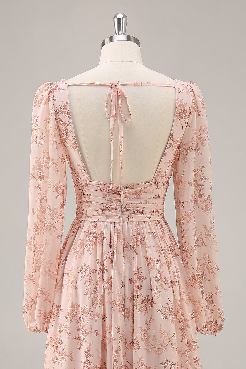 Laden Sie das Bild in den Galerie-Viewer, Rosa Geblümtes Chiffon V-Ausschnitt Brautjungfernkleid mit langen Ärmeln und Schlitz