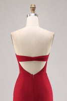 Laden Sie das Bild in den Galerie-Viewer, Dunkelrotes Gerafftes Brautjungfernkleid aus Chiffon mit Spaghettiträgern und Schlitz