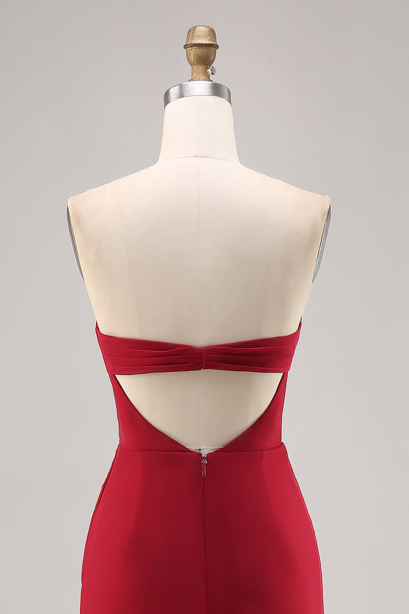 Laden Sie das Bild in den Galerie-Viewer, Dunkelrotes Gerafftes Brautjungfernkleid aus Chiffon mit Spaghettiträgern und Schlitz