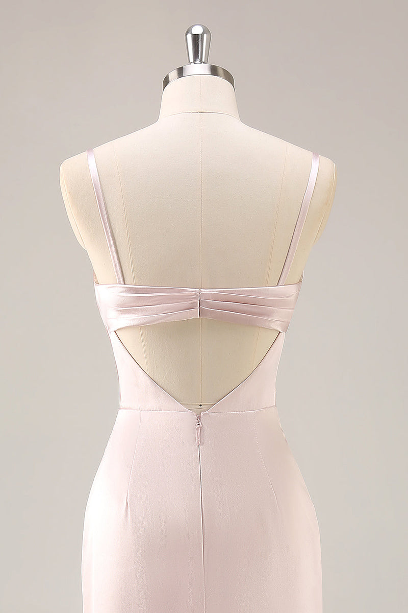 Laden Sie das Bild in den Galerie-Viewer, Bonbonrosa Satin Meerjungfrau Gerafftes Langes Brautjungfernkleid mit Schlitz