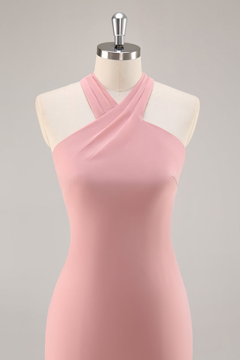 Laden Sie das Bild in den Galerie-Viewer, Blush Neckholder Meerjungfrau Chiffon Langes Brautjungfernkleid mit Schleife