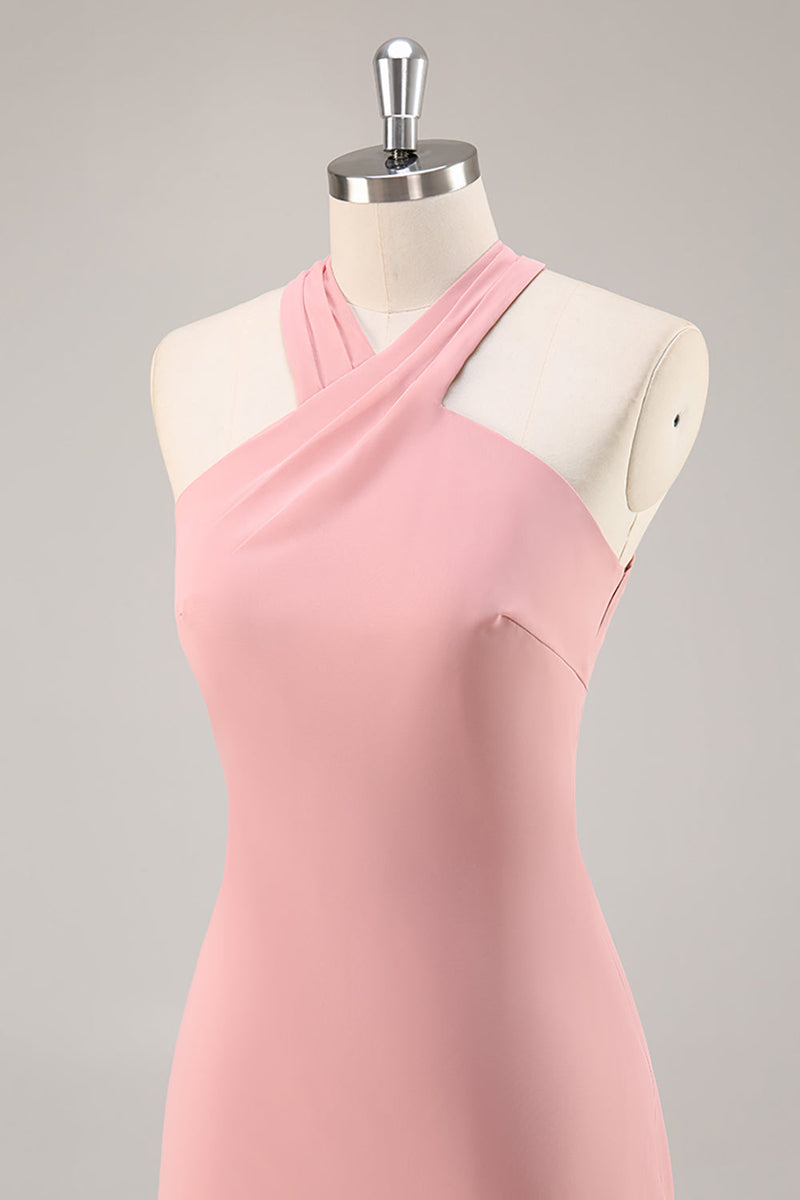 Laden Sie das Bild in den Galerie-Viewer, Blush Neckholder Meerjungfrau Chiffon Langes Brautjungfernkleid mit Schleife