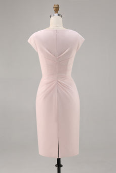 Bonbonrosa Bodycon Midi Kleid für die Brautmutter mit Rüschen und V-Ausschnitt