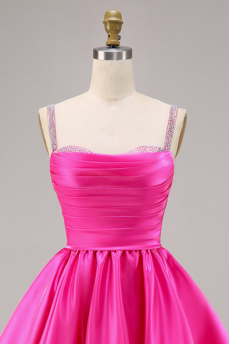 Laden Sie das Bild in den Galerie-Viewer, Fuchsia Satin A Linie Kurzes Abiballkleid mit Perlenstickerei