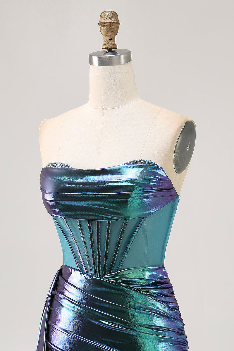 Laden Sie das Bild in den Galerie-Viewer, Metallic-Grünes Korsett Rüschen Bodycon Kurzes Abiballkleid