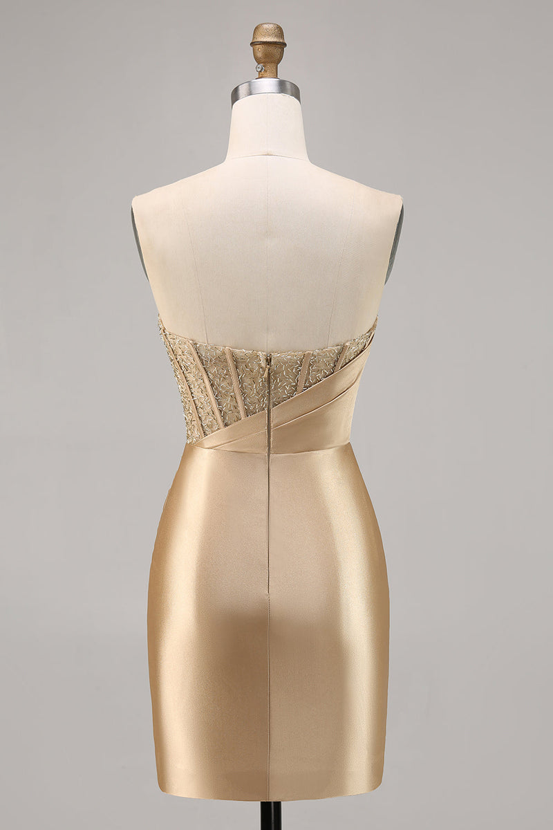 Laden Sie das Bild in den Galerie-Viewer, Goldenes Trägerloses Korsett Bodycon Kurzes Abschlusskleid