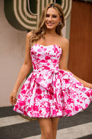 Laden Sie das Bild in den Galerie-Viewer, Trägerloses Fuchsiafarbenes Geblümtes Cocktailkleid mit Schleife in Fuchsia