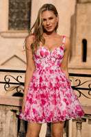 Laden Sie das Bild in den Galerie-Viewer, Fuchsia Geblümtes Korsett A-Linien Druck Cocktailkleid