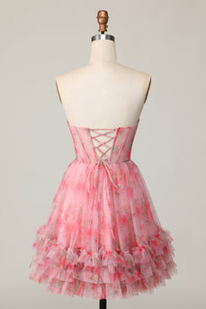 Blumen Rotes Trägerloses Bedrucktes A-Linie Cocktailkleid mit Rüschen