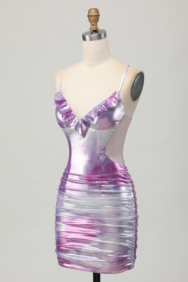 Laden Sie das Bild in den Galerie-Viewer, Silber Lila Bodycon Abiballkleid mit Rüschen und V-Ausschnitt