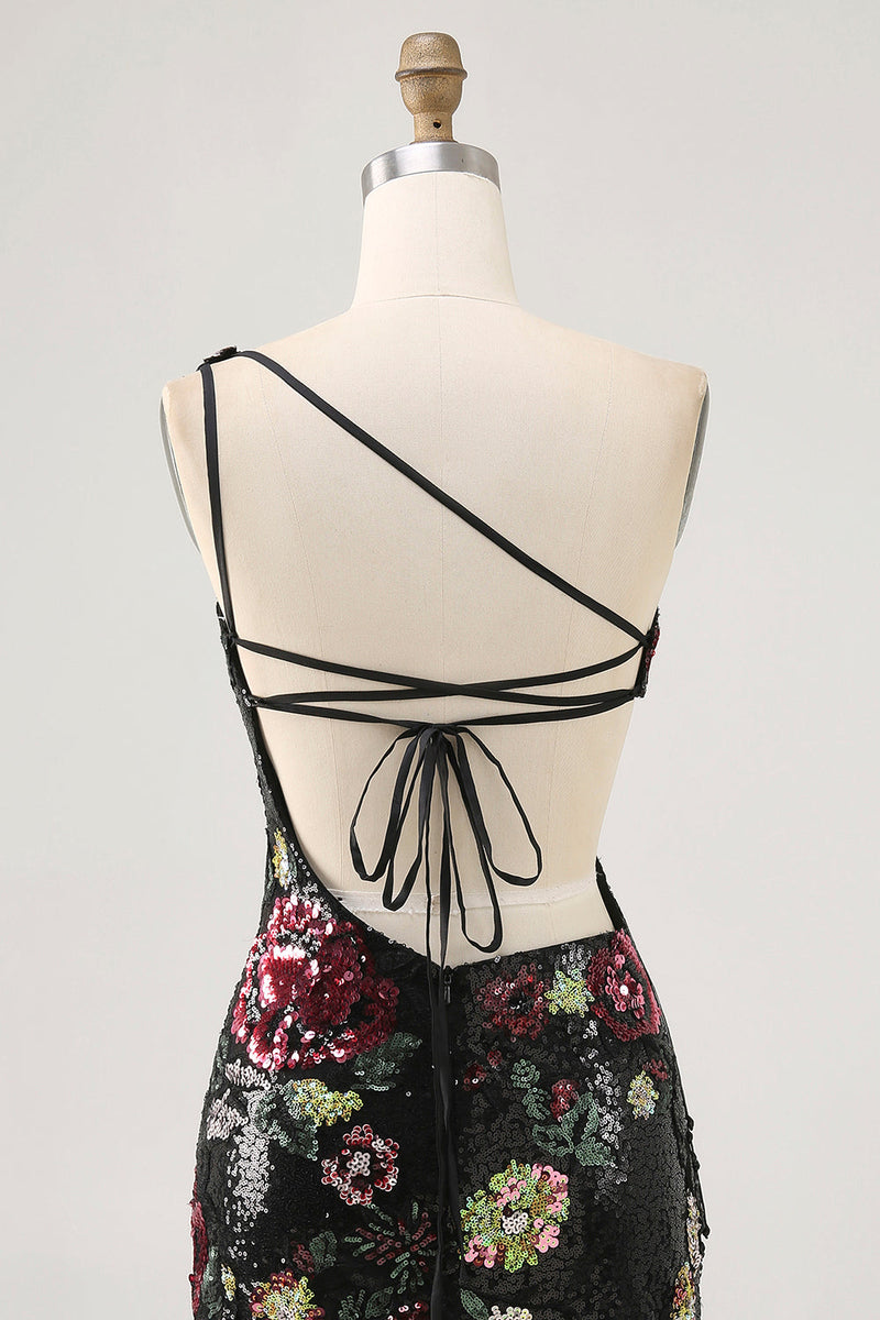 Laden Sie das Bild in den Galerie-Viewer, Schwarzes Blumen Bodycon Pailletten Eine Schulter Abiballkleid