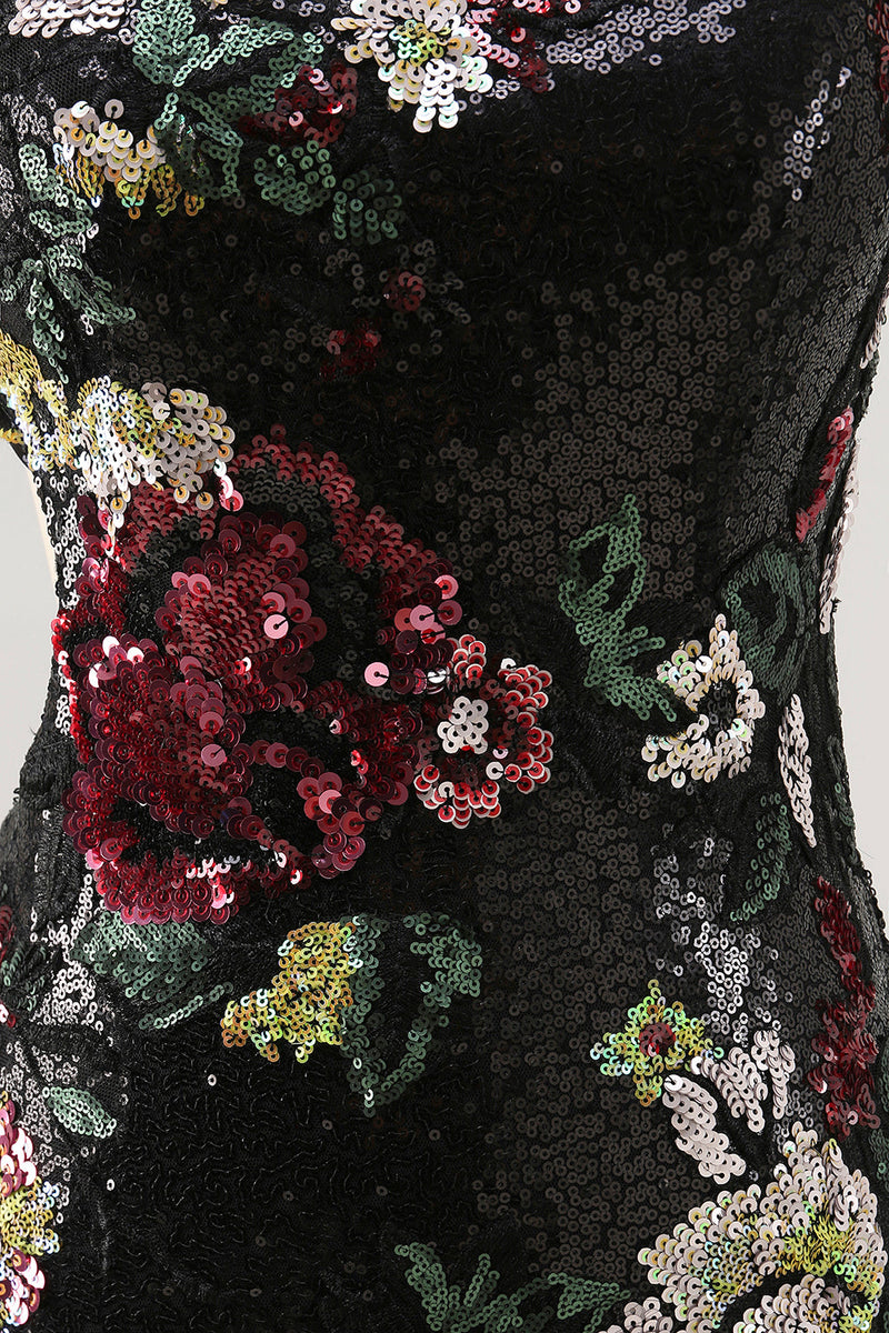 Laden Sie das Bild in den Galerie-Viewer, Schwarzes Blumen Bodycon Pailletten Eine Schulter Abiballkleid