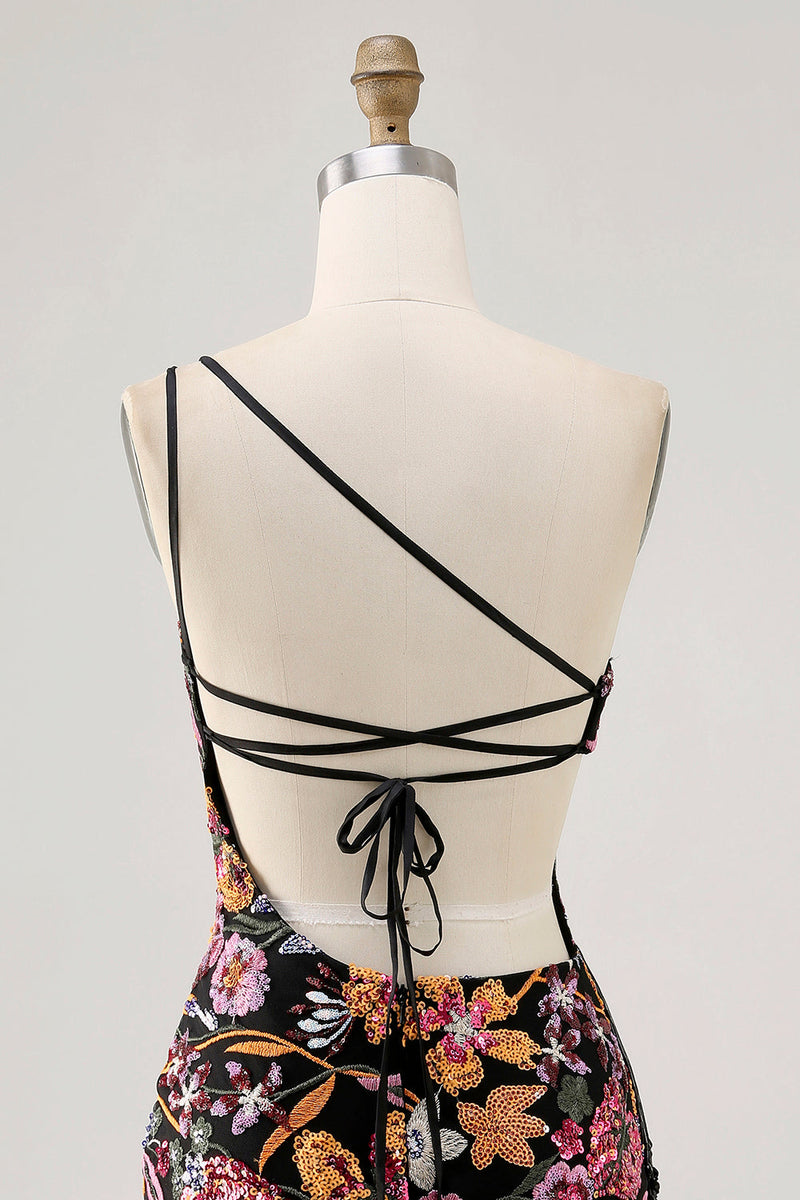 Laden Sie das Bild in den Galerie-Viewer, Schwarze Blume Bodycon Eine Schulter Stickerei Abiballkleid