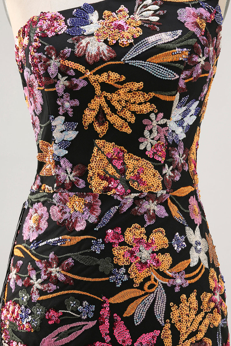 Laden Sie das Bild in den Galerie-Viewer, Schwarze Blume Bodycon Eine Schulter Stickerei Abiballkleid