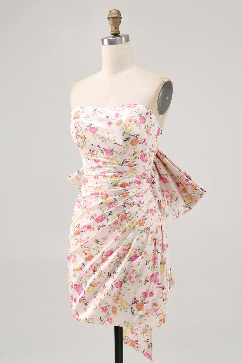 Laden Sie das Bild in den Galerie-Viewer, Rosa Blume Trägerloses Bodycon Gerafftes Abiballkleid