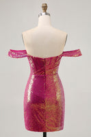 Laden Sie das Bild in den Galerie-Viewer, Glitzerndes Fuchsia Schulterfreies Bodycon Kleid mit Pailletten