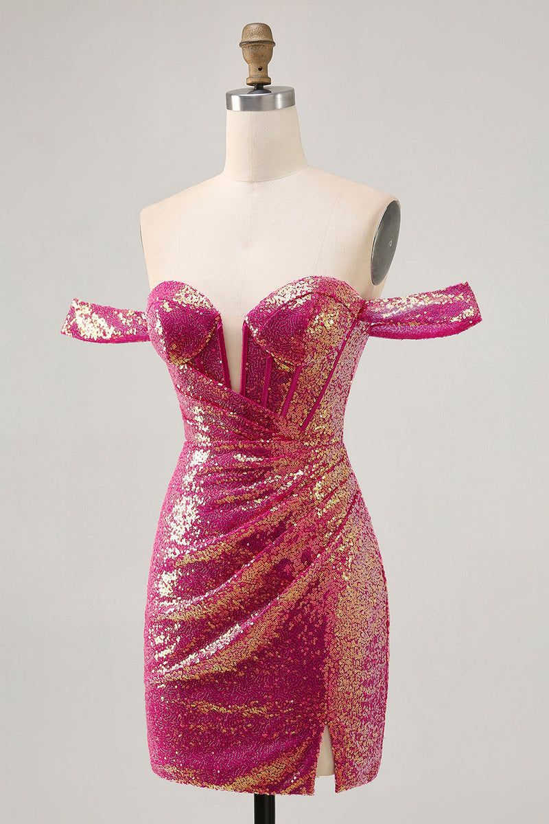 Laden Sie das Bild in den Galerie-Viewer, Glitzerndes Fuchsia Schulterfreies Bodycon Kleid mit Pailletten