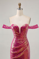 Laden Sie das Bild in den Galerie-Viewer, Glitzerndes Fuchsia Schulterfreies Bodycon Kleid mit Pailletten