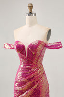Laden Sie das Bild in den Galerie-Viewer, Glitzerndes Fuchsia Schulterfreies Bodycon Kleid mit Pailletten
