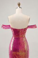 Laden Sie das Bild in den Galerie-Viewer, Glitzerndes Fuchsia Schulterfreies Bodycon Kleid mit Pailletten
