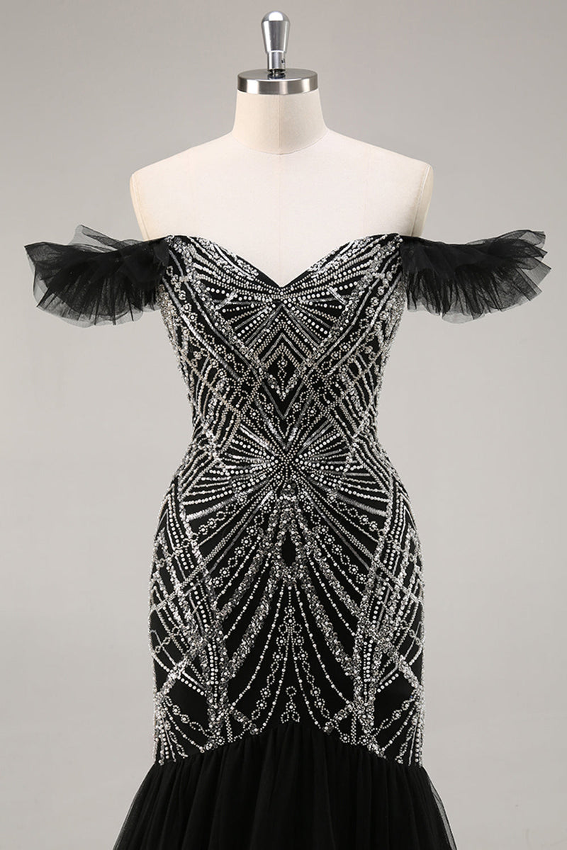 Laden Sie das Bild in den Galerie-Viewer, Schulterfreies Perlenbesetztes Meerjungfrauen Ballkleid in Schwarz