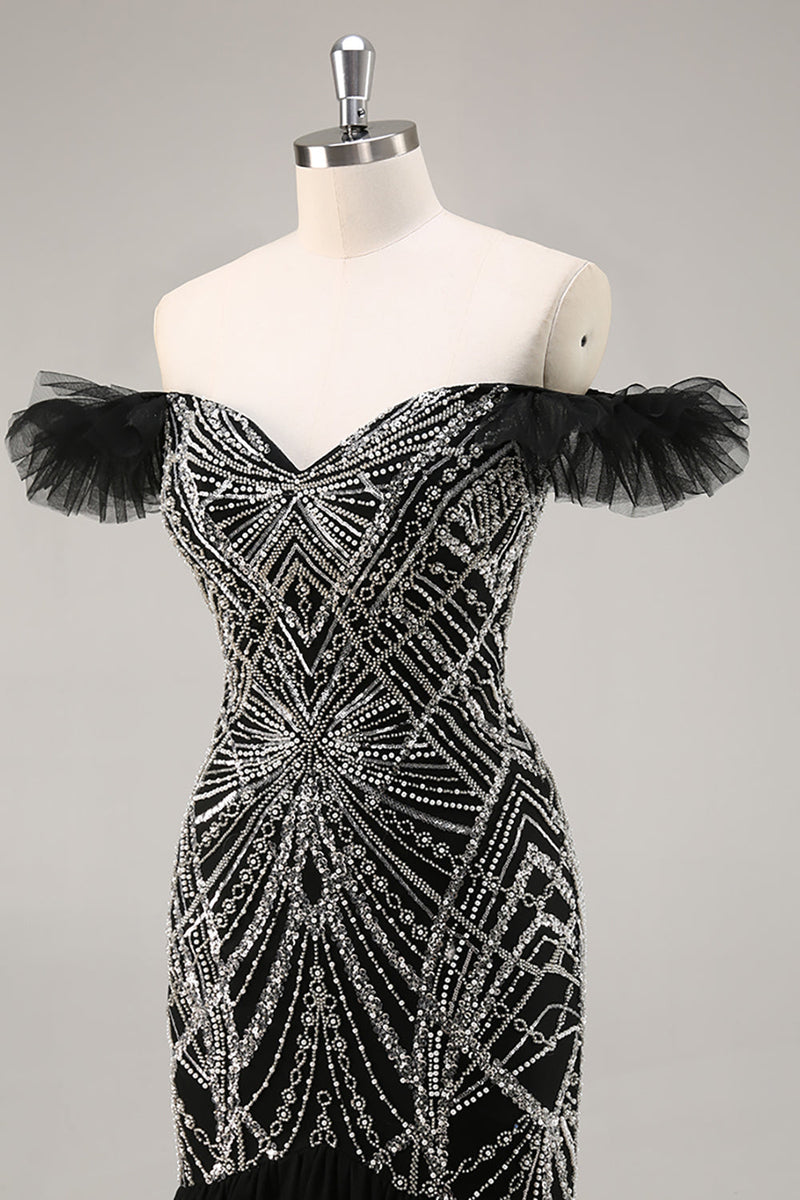 Laden Sie das Bild in den Galerie-Viewer, Schulterfreies Perlenbesetztes Meerjungfrauen Ballkleid in Schwarz