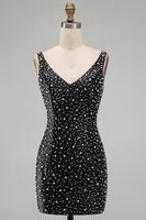 Laden Sie das Bild in den Galerie-Viewer, Glitzerndes Schwarzes Bodycon V-Ausschnitt Kurzes Abendkleid mit Perlenbesatz