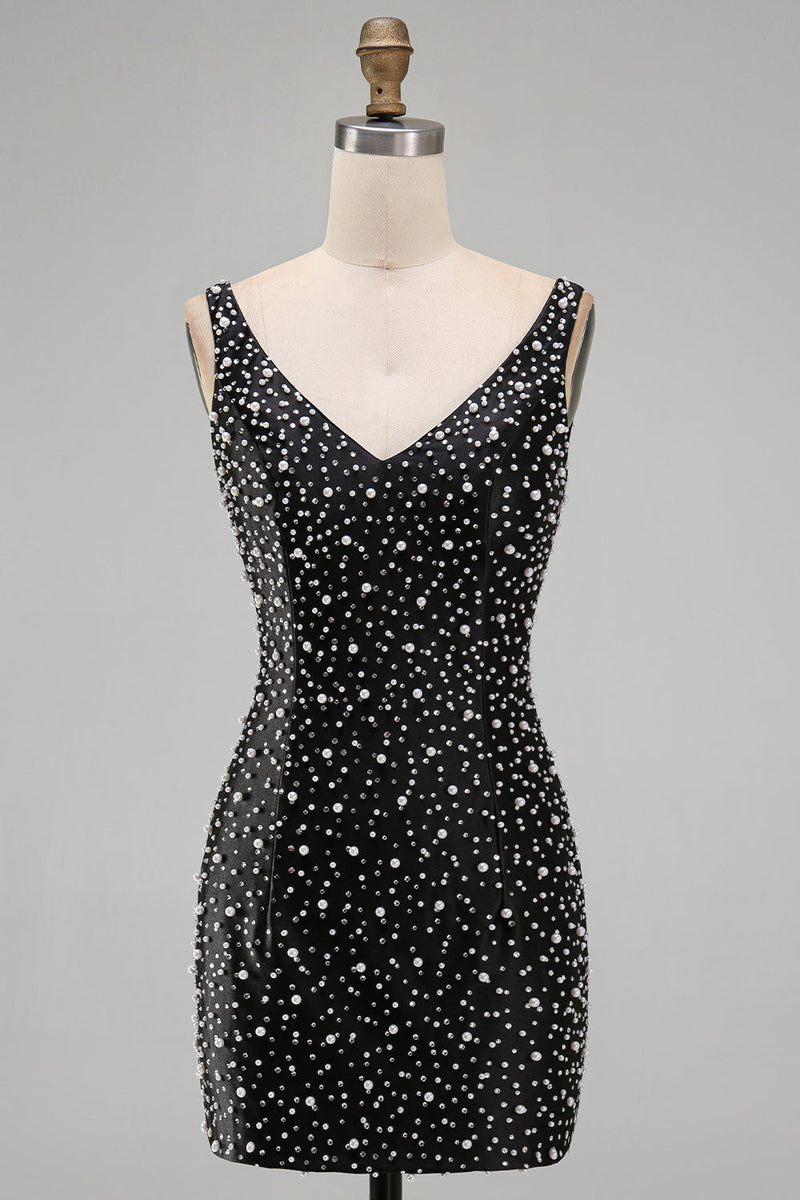 Laden Sie das Bild in den Galerie-Viewer, Glitzerndes Schwarzes Bodycon V-Ausschnitt Kurzes Abendkleid mit Perlenbesatz
