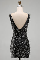 Laden Sie das Bild in den Galerie-Viewer, Glitzerndes Schwarzes Bodycon V-Ausschnitt Kurzes Abendkleid mit Perlenbesatz
