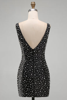 Glitzerndes Schwarzes Bodycon V-Ausschnitt Kurzes Abendkleid mit Perlenbesatz