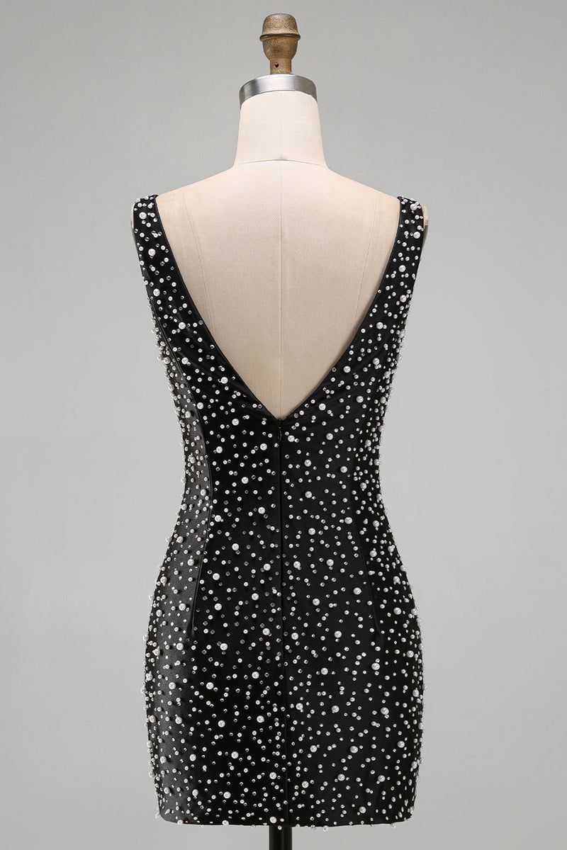 Laden Sie das Bild in den Galerie-Viewer, Glitzerndes Schwarzes Bodycon V-Ausschnitt Kurzes Abendkleid mit Perlenbesatz