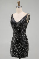 Laden Sie das Bild in den Galerie-Viewer, Glitzerndes Schwarzes Bodycon V-Ausschnitt Kurzes Abendkleid mit Perlenbesatz