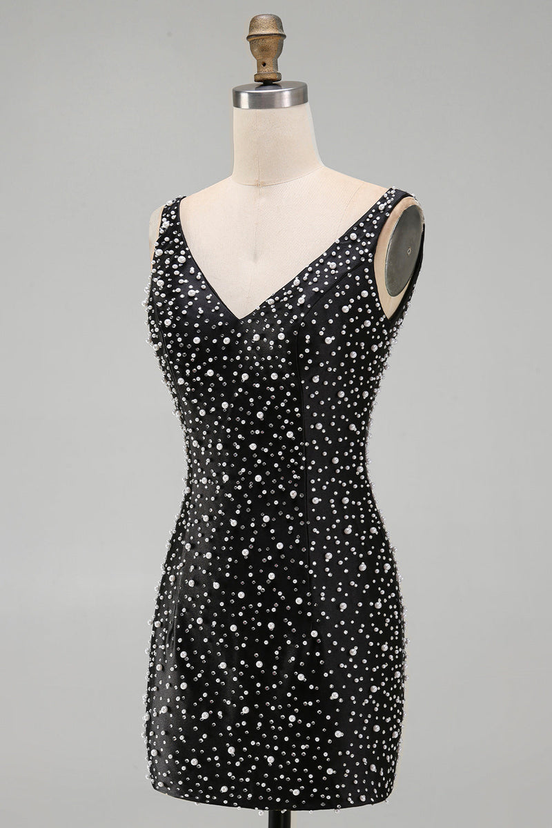 Laden Sie das Bild in den Galerie-Viewer, Glitzerndes Schwarzes Bodycon V-Ausschnitt Kurzes Abendkleid mit Perlenbesatz