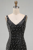 Laden Sie das Bild in den Galerie-Viewer, Glitzerndes Schwarzes Bodycon V-Ausschnitt Kurzes Abendkleid mit Perlenbesatz