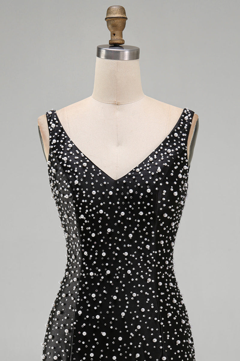 Laden Sie das Bild in den Galerie-Viewer, Glitzerndes Schwarzes Bodycon V-Ausschnitt Kurzes Abendkleid mit Perlenbesatz