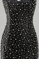Laden Sie das Bild in den Galerie-Viewer, Glitzerndes Schwarzes Bodycon V-Ausschnitt Kurzes Abendkleid mit Perlenbesatz