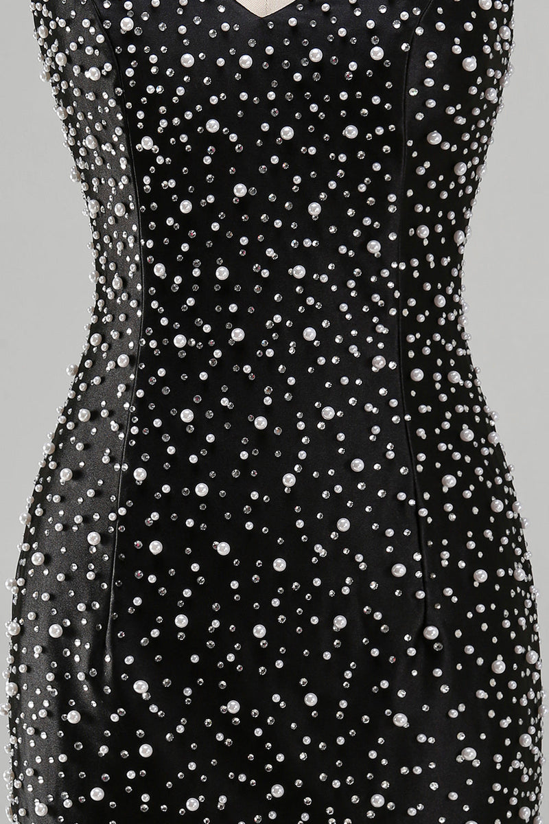 Laden Sie das Bild in den Galerie-Viewer, Glitzerndes Schwarzes Bodycon V-Ausschnitt Kurzes Abendkleid mit Perlenbesatz