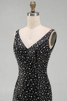 Laden Sie das Bild in den Galerie-Viewer, Glitzerndes Schwarzes Bodycon V-Ausschnitt Kurzes Abendkleid mit Perlenbesatz