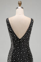 Laden Sie das Bild in den Galerie-Viewer, Glitzerndes Schwarzes Bodycon V-Ausschnitt Kurzes Abendkleid mit Perlenbesatz