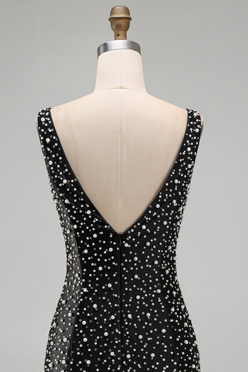 Laden Sie das Bild in den Galerie-Viewer, Glitzerndes Schwarzes Bodycon V-Ausschnitt Kurzes Abendkleid mit Perlenbesatz