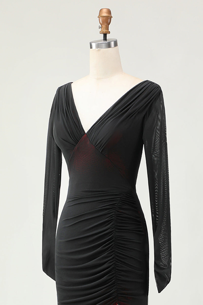 Laden Sie das Bild in den Galerie-Viewer, Schwarzes Rotes Langärmeliges Brautjungfernkleid mit Rüschen und Schlitz