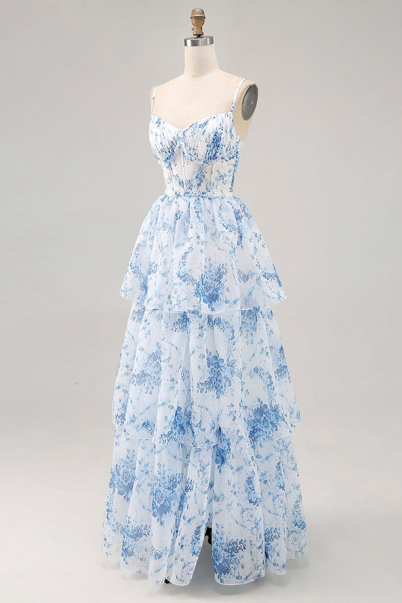 Laden Sie das Bild in den Galerie-Viewer, Weiß Blau Blume A Linie Bedrucktes Gestuftes Brautjungfernkleid mit Schlitz