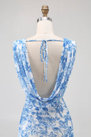 Laden Sie das Bild in den Galerie-Viewer, Langes Blauee Blume Wasserfall-Ausschnitt Bedrucktes Langes Brautjungfernkleid mit Schlitz