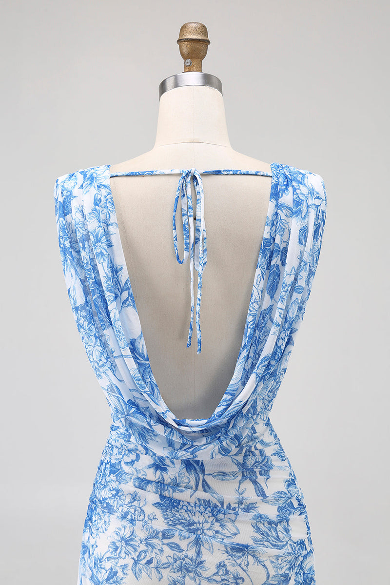 Laden Sie das Bild in den Galerie-Viewer, Langes Blauee Blume Wasserfall-Ausschnitt Bedrucktes Langes Brautjungfernkleid mit Schlitz