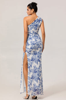 Eine Schulter Etui Weißes Blaues Brautjungfernkleid mit Blumendruck und Schlitz