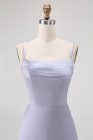 Laden Sie das Bild in den Galerie-Viewer, Staubblaues Langes Brautjungfernkleid in A-Linie mit Schnürung am Rücken