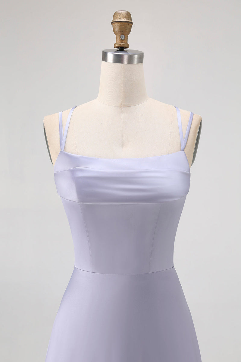 Laden Sie das Bild in den Galerie-Viewer, Staubblaues Langes Brautjungfernkleid in A-Linie mit Schnürung am Rücken