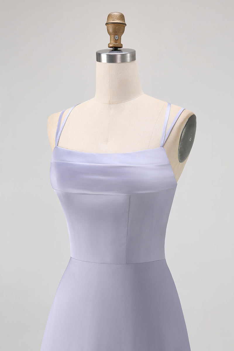 Laden Sie das Bild in den Galerie-Viewer, Staubblaues Langes Brautjungfernkleid in A-Linie mit Schnürung am Rücken