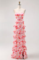 Laden Sie das Bild in den Galerie-Viewer, Rosa Geblümte Rüschen Langes Hochzeitsgastkleid mit Schlitz
