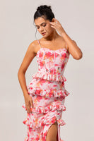 Laden Sie das Bild in den Galerie-Viewer, Rosa Langes Etui Blumen Hochzeitsgastkleid mit Rüschen und Schlitz